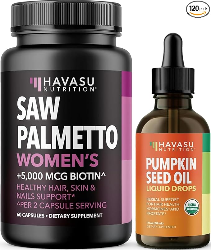 HAVASU NUTRITION USDA Organic Pumpkin Seed Oil Drops (60 Servings) & Saw Palmetto for Women Hair Complex (30 Servings)