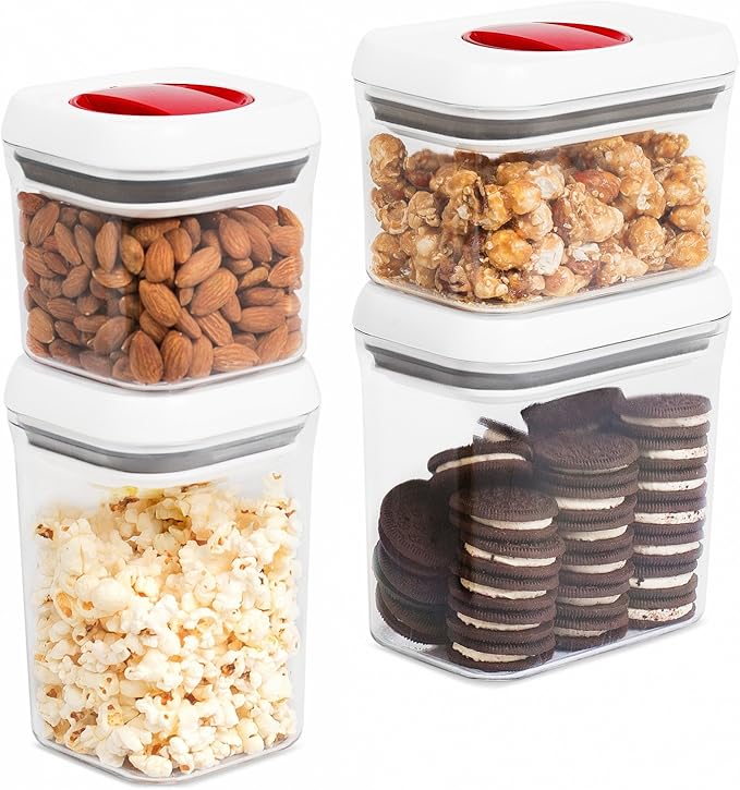 NTERNET'S BEST Spin Lock Airtight Kitchen Canisters - Food Storage Containers with Twist Lock for Sugar, Flour, Pasta, Nuts - Stackable Design - 2 Rectangular & 2 Square Clear Plastic Bins - Set of 4