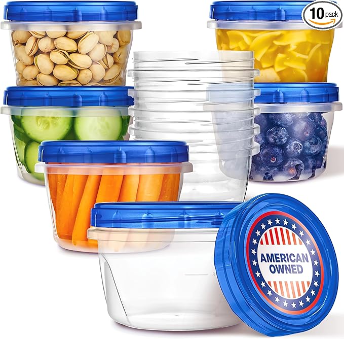 Stock Your Home 16oz Plastic Containers with Twist Top Lids (10 Pack), 2 Cup Freezer Containers with Lids for Leftover Food, Airtight Reusable Soup Containers, Microwave and Dishwasher Safe