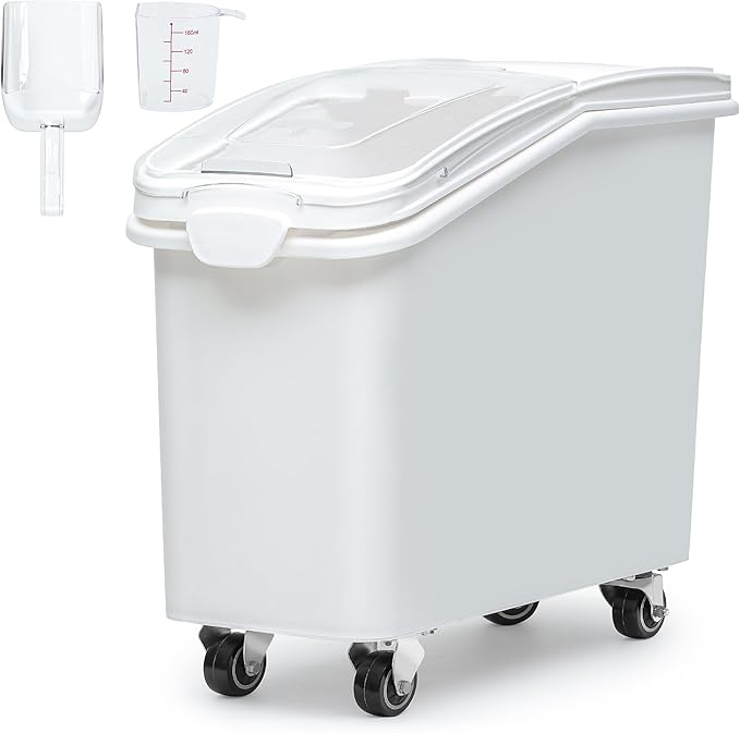 DWVO 27 Gal Large Ingredient Storage Bin, Flour Rice Food Storage Containers Bin with 500 Cups, Commercial Bins with 360° Wheels, Scoop and Lid for Kitchen