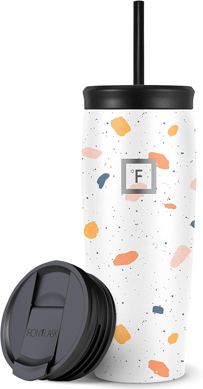 IRON °FLASK Nomad Tumbler - 2 Lids (Straw/Flip), Vacuum Insulated Stainless Steel Bottle, Double Walled, Drinking Cup, Coffee Travel Mug, Water - Terrazzo, 20 Oz