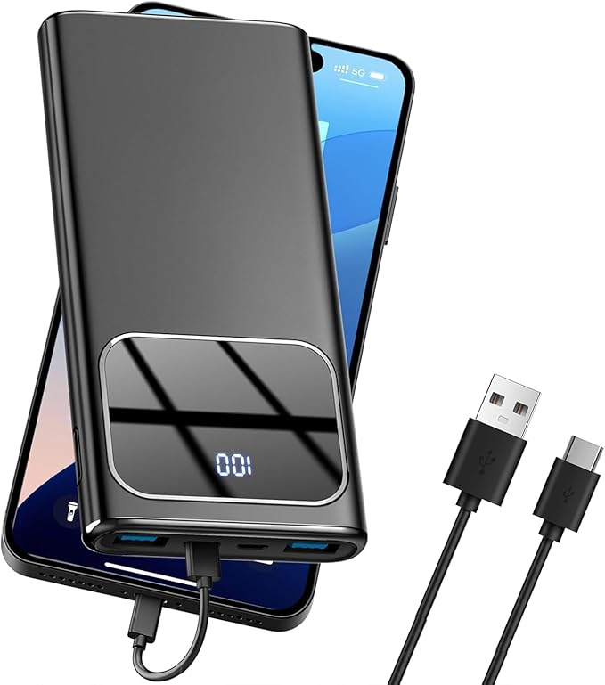 Power Bank, 10000mAh Portable Charger with PD 5A/3W Fast Charging, USB C in&out External Battery Pack, Portable Cell Phone Charger for iPhone 16 15 14 13 /ProMax/Pro/